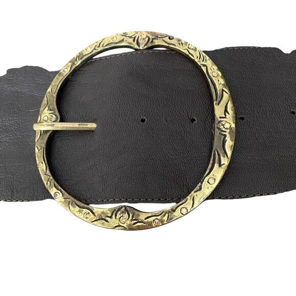 Chocolate Brown Leather Wide Waist Belt Gold Tone Circle Buckle Rhinestone - Picture 2 of 7